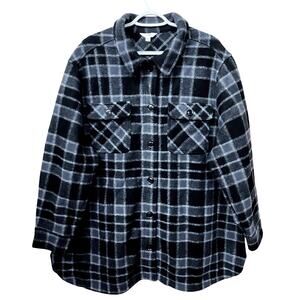 Terra & Sky Women's Shacket Plus 1X Black/Gray Button Up Collared Plaid Warm